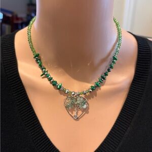Green and Silver Tree of Life Necklace with Natural Gemstones NEW